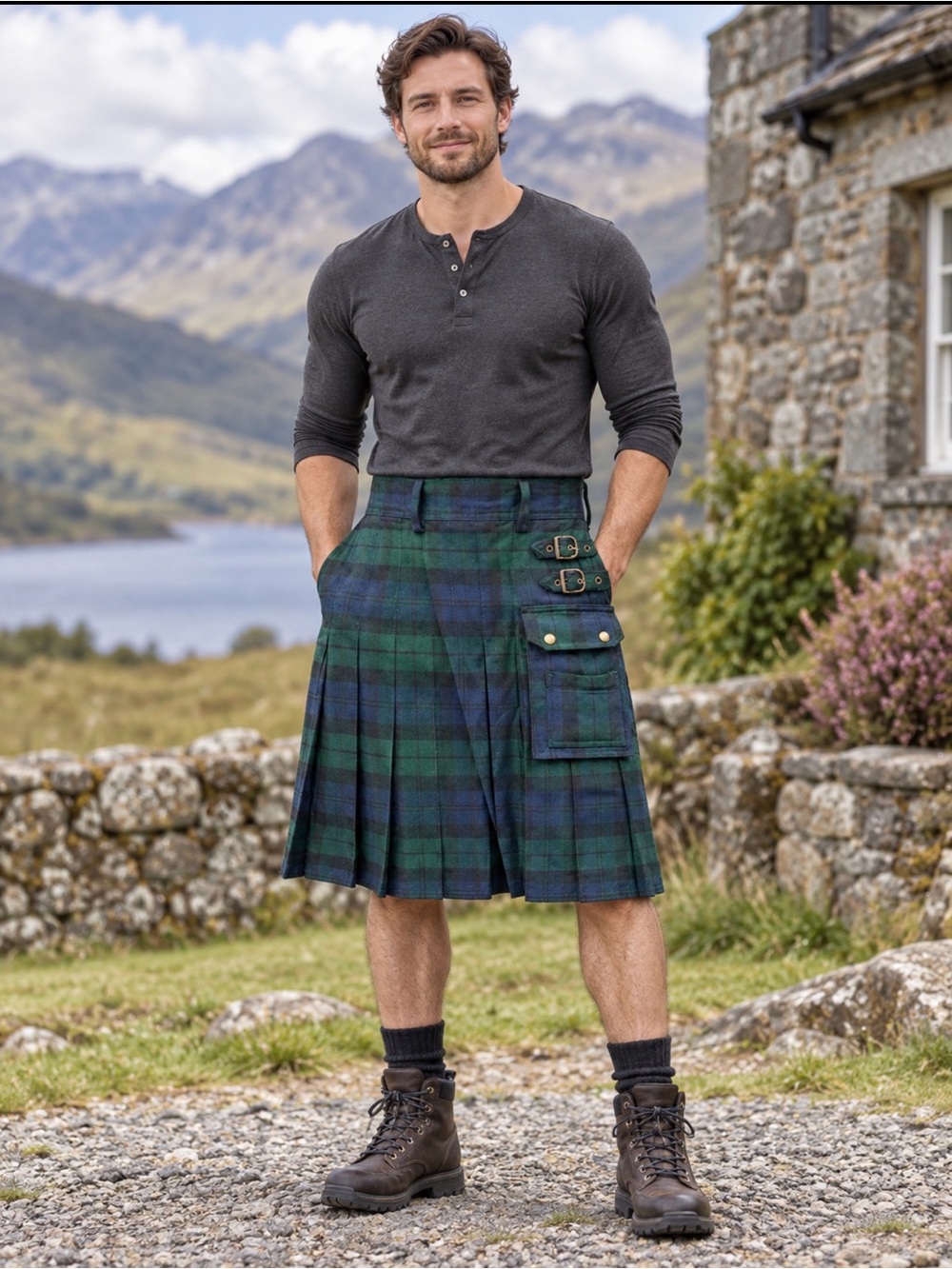 Men's Green & Blue Scottish design Tartan Cargo Kilt size 40 waist